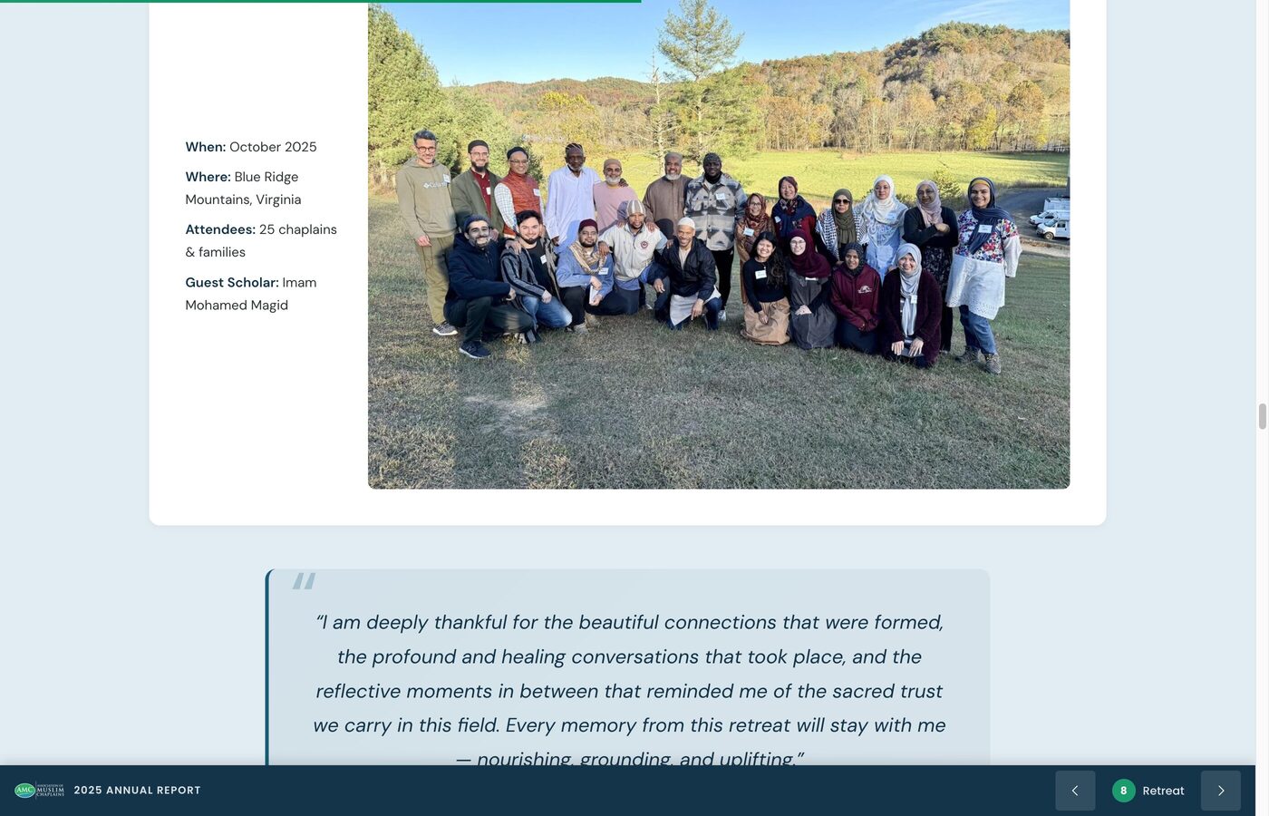 AMC retreat group photo at Blue Ridge Mountains with testimonial