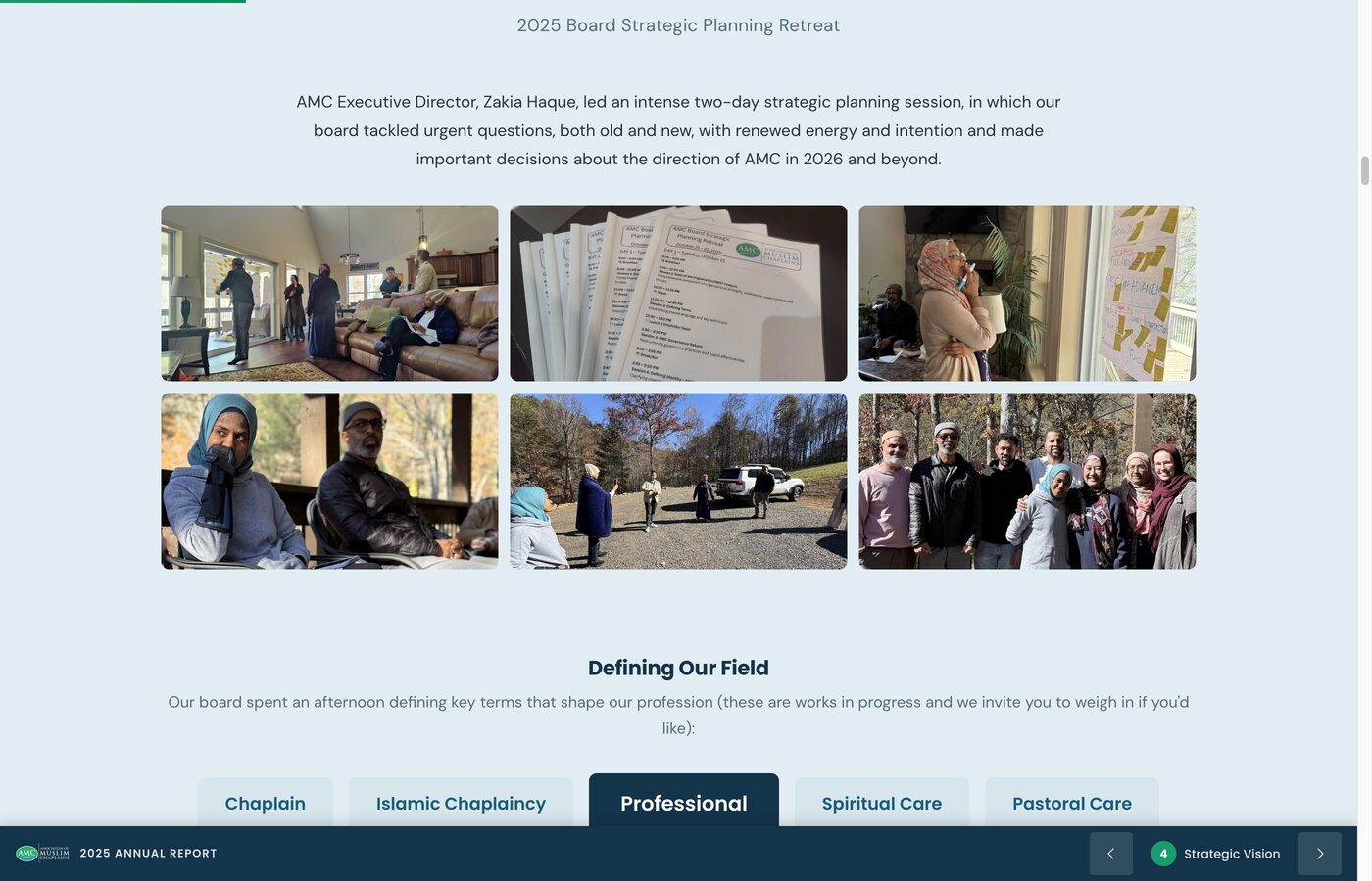 Board strategic planning retreat photos and Defining Our Field section