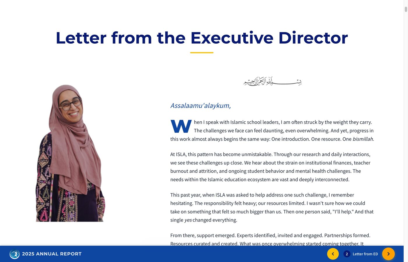 Letter from the Executive Director with photo and Bismillah calligraphy