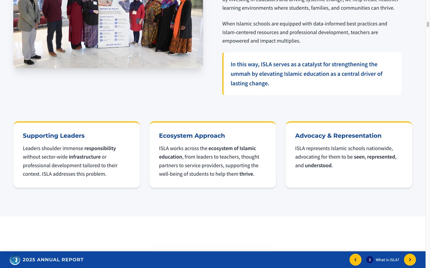 ISLA's three pillars: Supporting Leaders, Ecosystem Approach, Advocacy and Representation