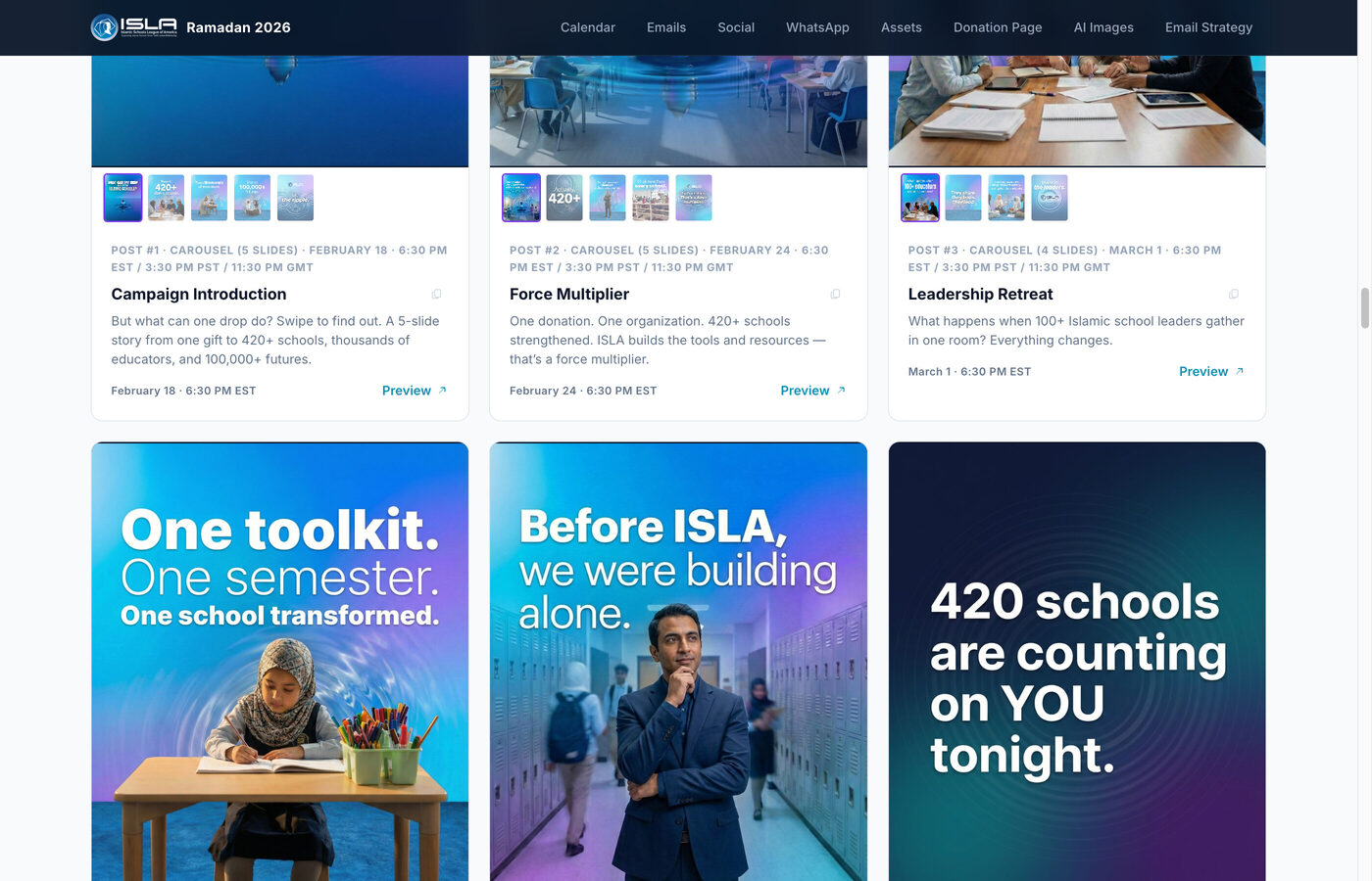 ISLA social media carousel posts for Toolkit Impact, Building Together, Last 10 Nights