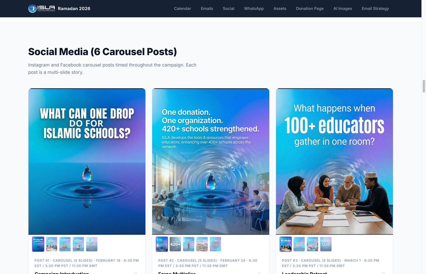 ISLA social media carousel posts for Campaign Introduction, Force Multiplier, Leadership Retreat