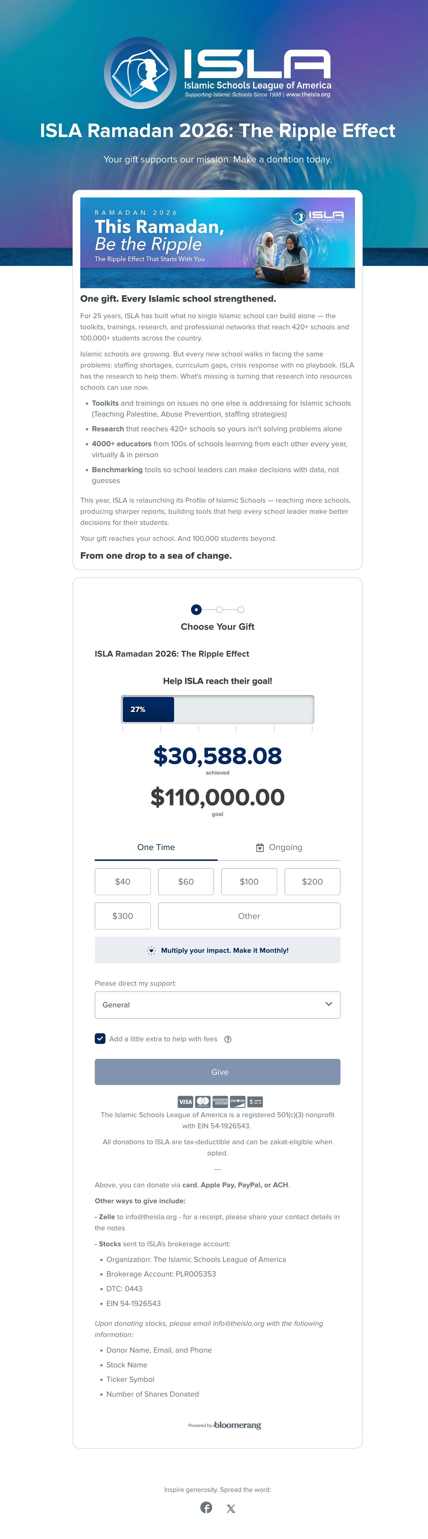 ISLA Ramadan 2026 donation page with campaign messaging and impact tiers