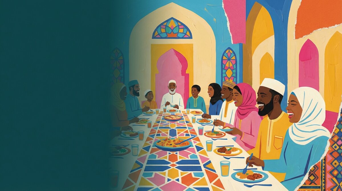 Launch email banner — family iftar scene in teal