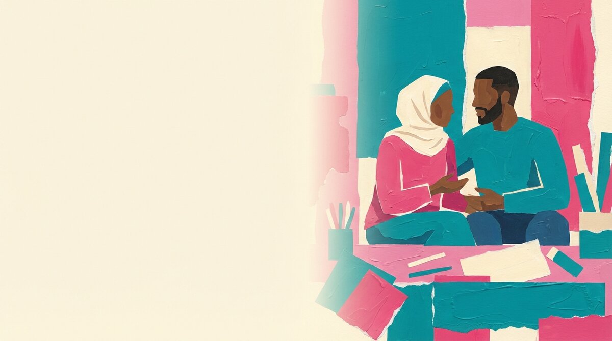 Marriage email banner — couple illustration in pink and teal