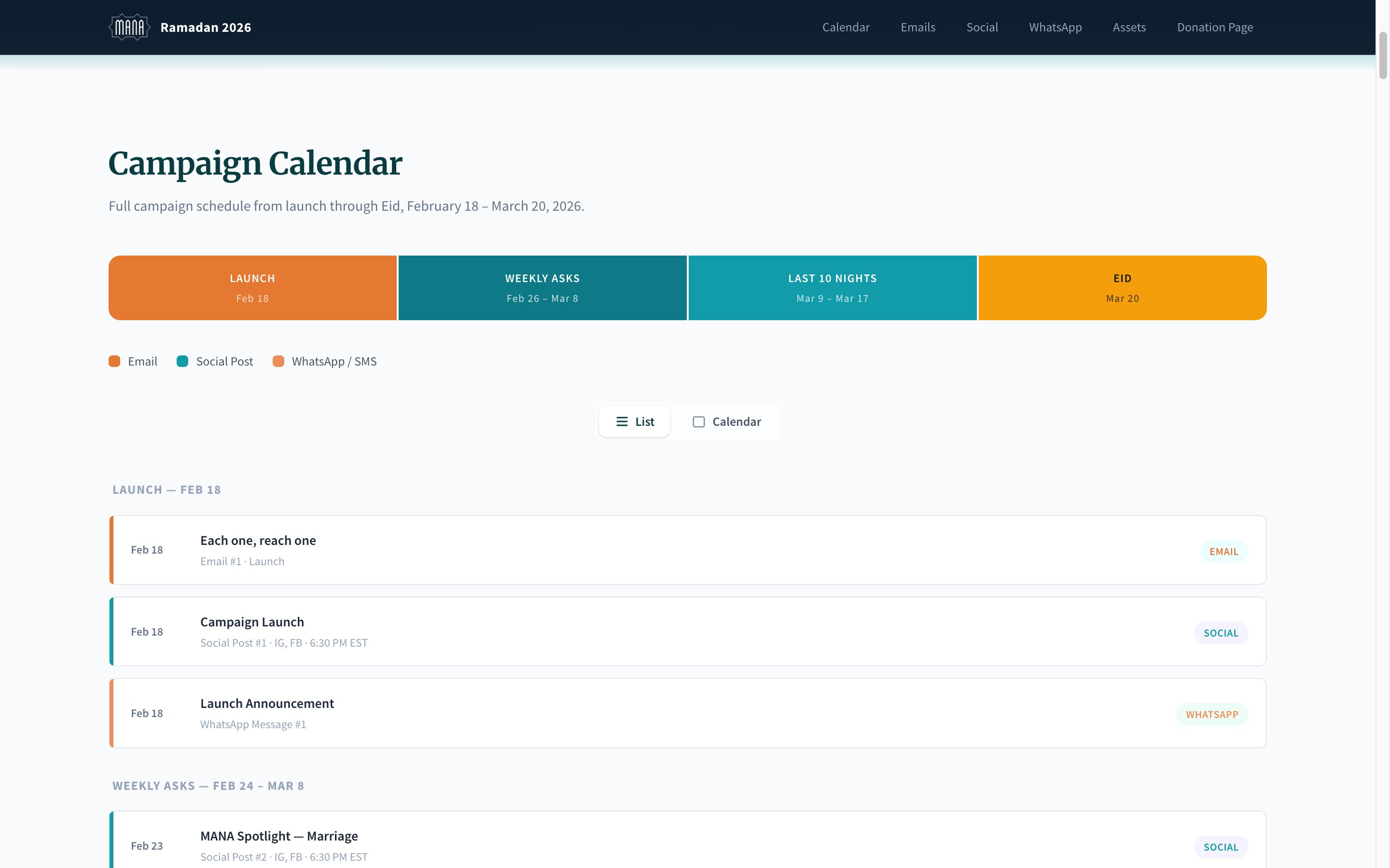 Campaign calendar showing all send dates