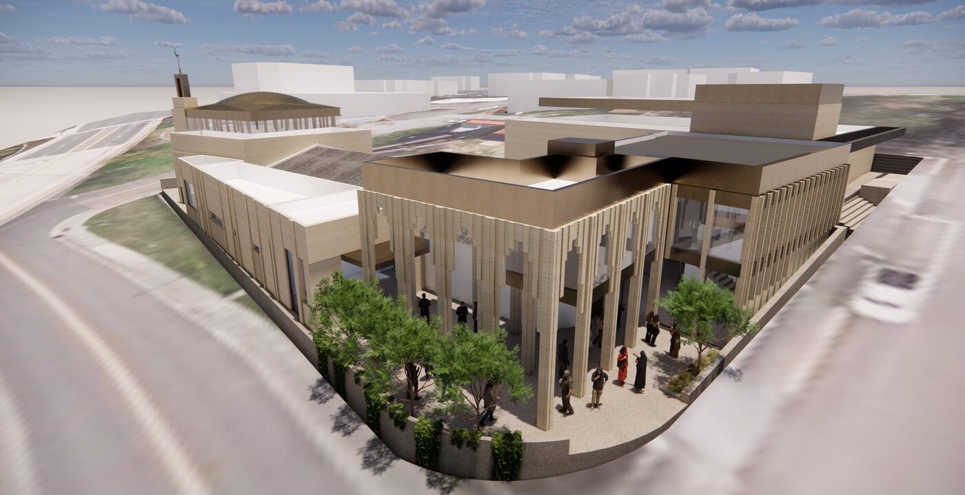 Masjid Annoor architectural render showing the expanded prayer hall and gold dome