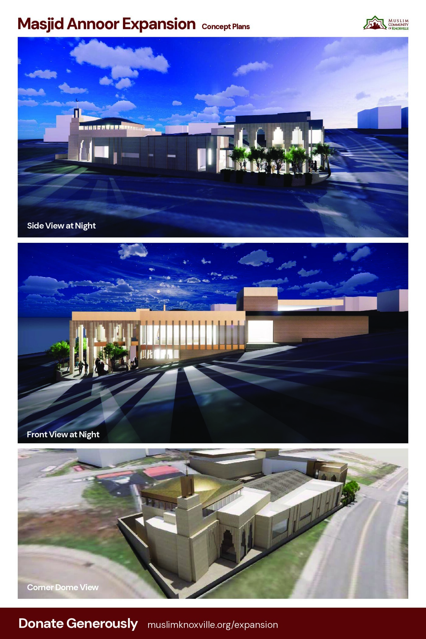 Poster 1: Street-level exterior render with entrance colonnade and landscaping
