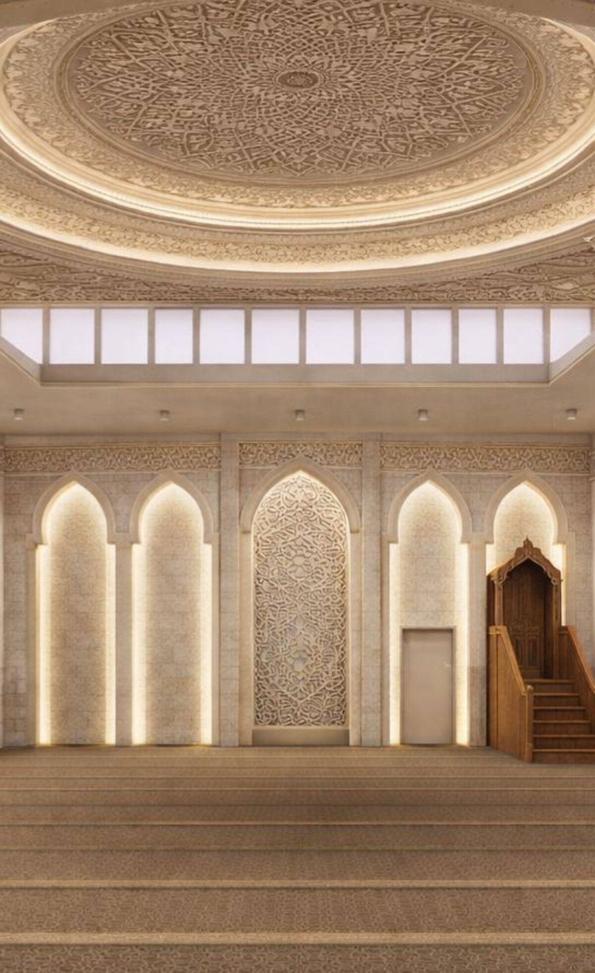 Interior prayer hall render with arabesque mihrab and geometric dome ceiling