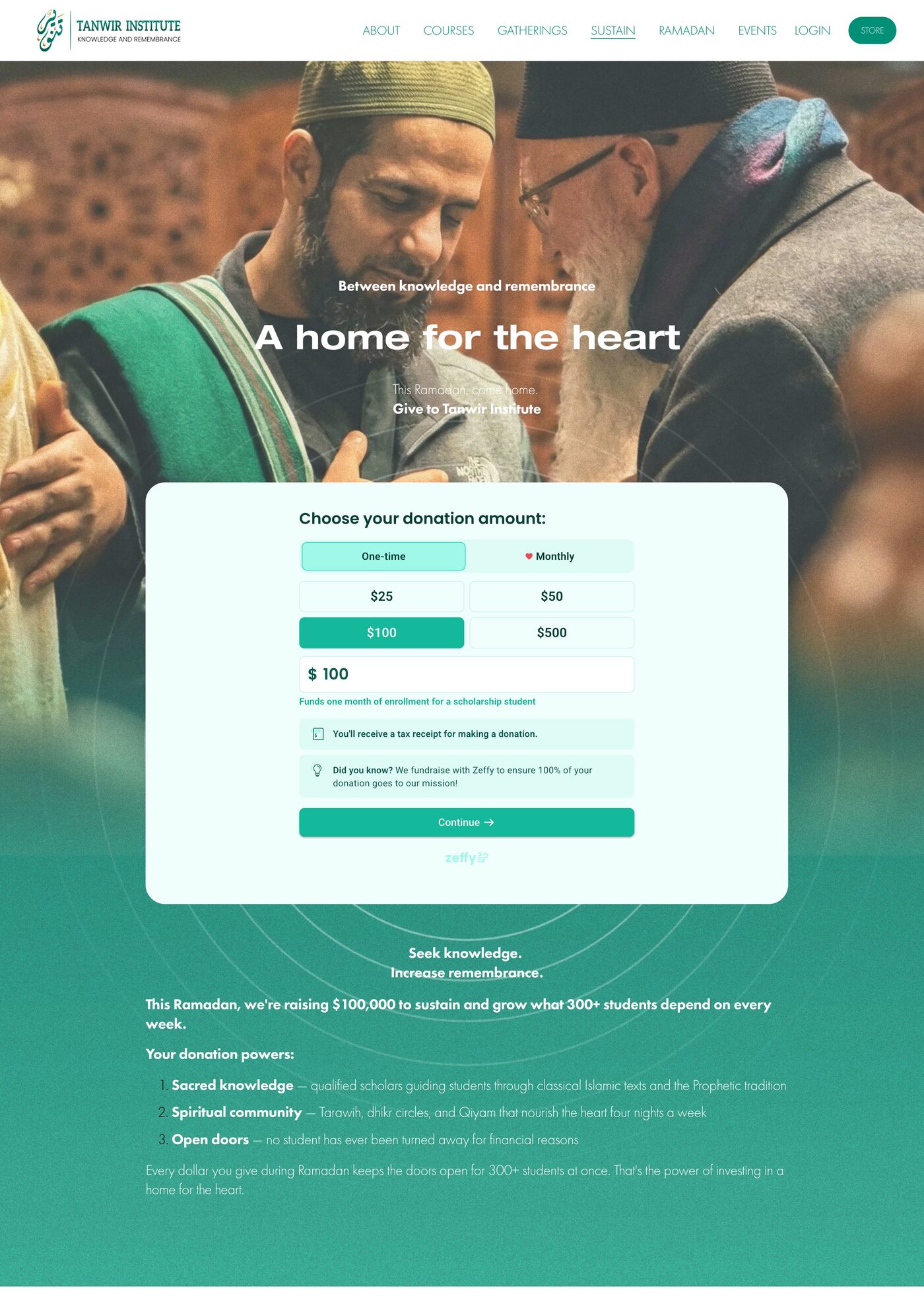 Tanwir Institute live donation page at tanwir.institute/sustain